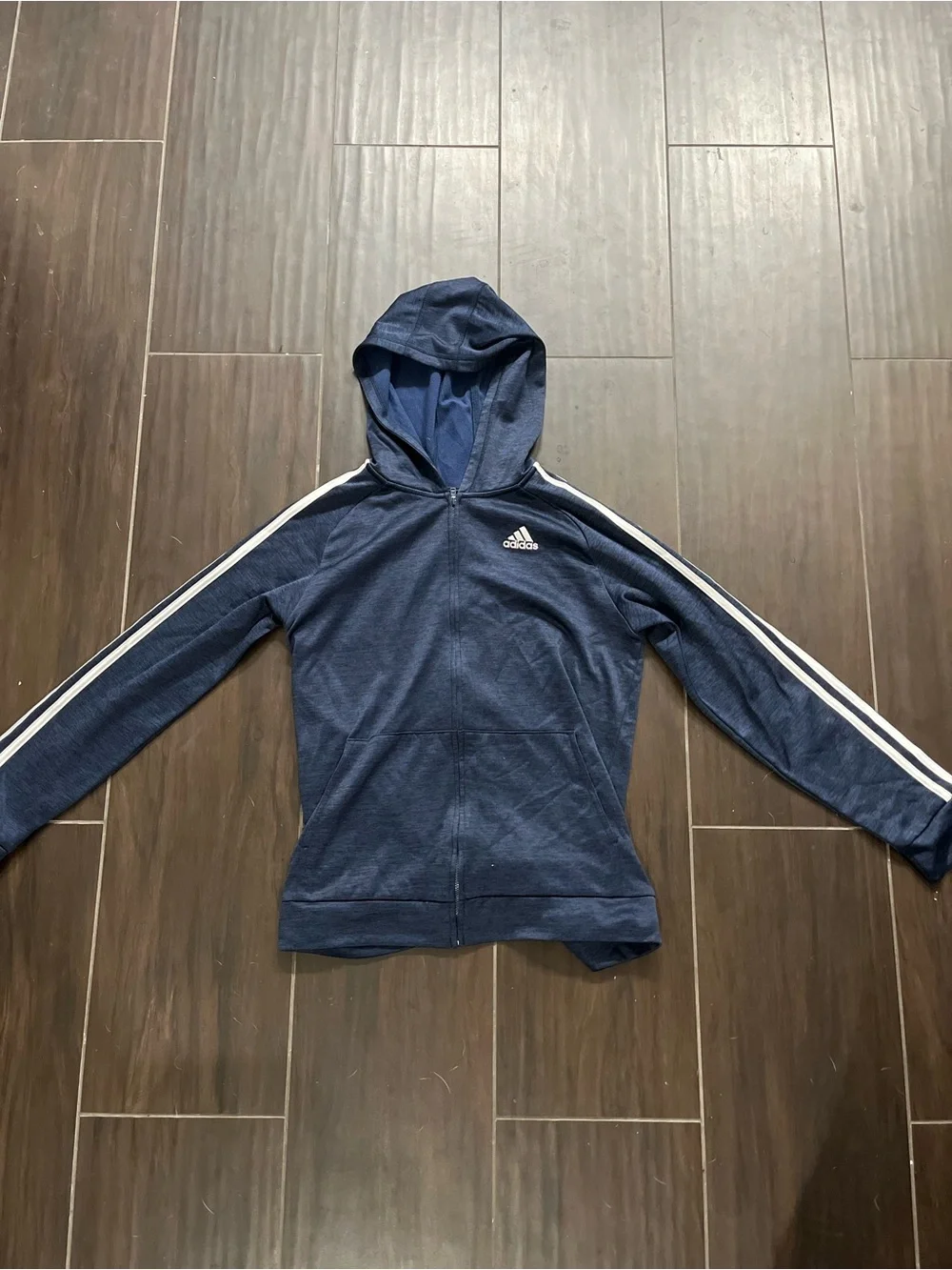 adidas Navy Blue Kids Hooded Zip Jacket with White Stripes